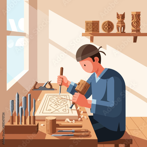 Woodworker Carving Intricate Design with Tools and Mallet