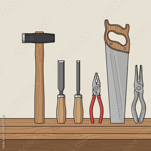 Woodworking Tools Collection: Hammer, Saw, Chisels, Pliers on Wooden Surface