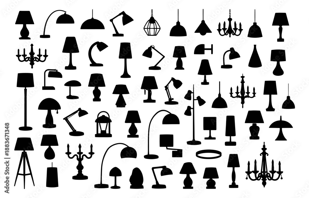Obraz premium Silhouette lighting set featuring various lamps and chandeliers for home and interior design