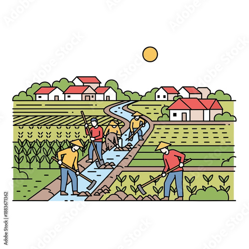 Farmers working in rice paddies with irrigation canal, village background