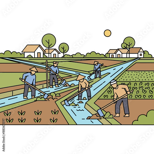 Farming on rice paddies with irrigation channels and village