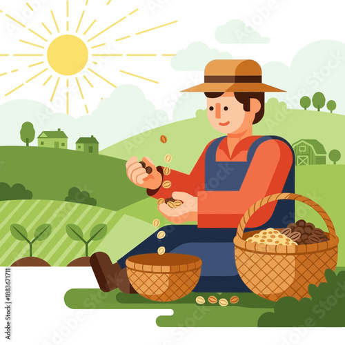 Farmer sowing seeds in a sunny field, agricultural illustration