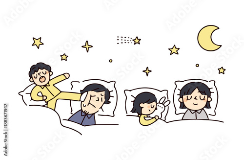 寝る4人家族のイラスト