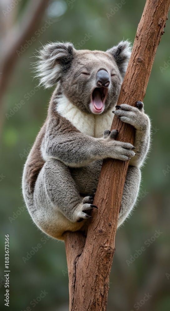 Fototapeta premium A sleepy koala bear is captured mid-yawn while securely clinging to a textured eucalyptus tree trunk high up in a forest environment, koala, gum, mammal