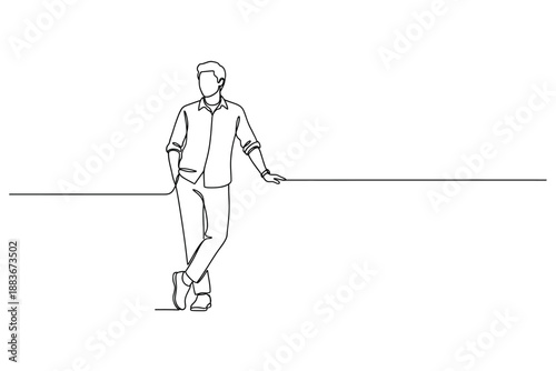 Continuous one line drawing of a casually dressed man leaning, isolated vector illustration with copy space.