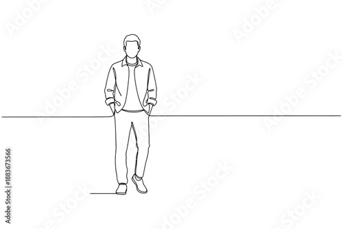 Continuous Line Drawing of a Casual Man Standing with Hands in Pockets