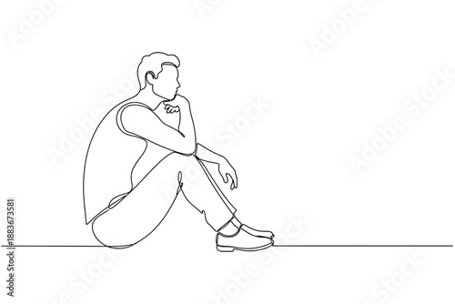 Continuous Line Drawing of a Pensive Man Sitting and Thinking