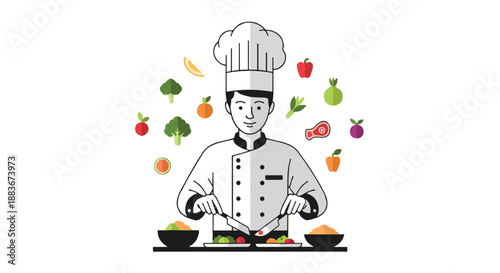 Chef cooking with fresh ingredients and produce