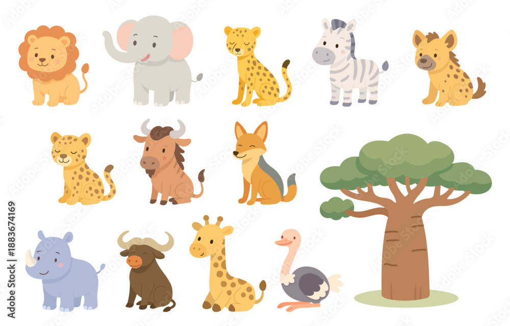Fototapeta premium Savanna animals illustration set with cute cartoon wildlife characters animals collection for kids education, safari learning, nursery design, posters. Savanna animals collection