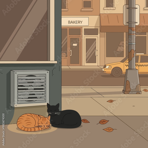 Cats resting on sidewalk outside bakery with taxi passing by