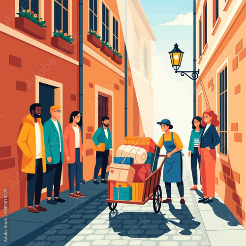 Delivery person with cart on cobblestone street, people watching