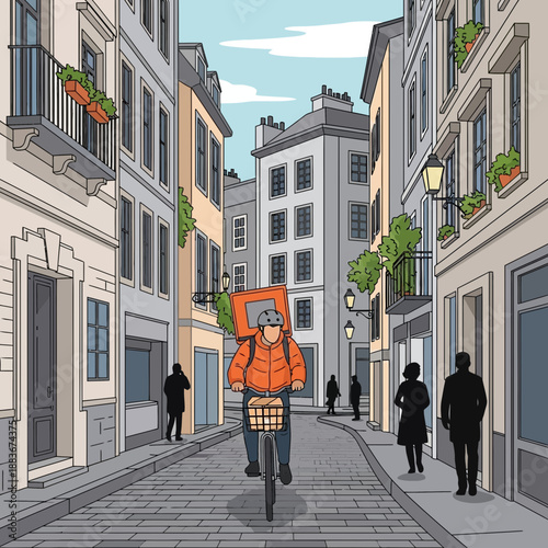 Food delivery cyclist on cobblestone street in European city