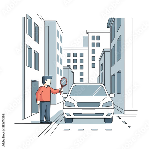 Man inspects car with magnifying glass on city street