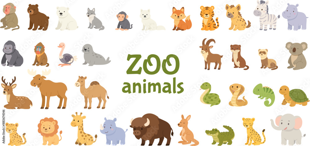 Fototapeta premium Zoo animals illustration set with cute cartoon wildlife characters animals collection for kids education, learning posters, nursery design, stickers. Zoo animals collection