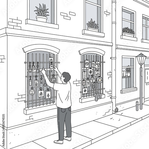 Person attaching pictures to window bars, urban street scene