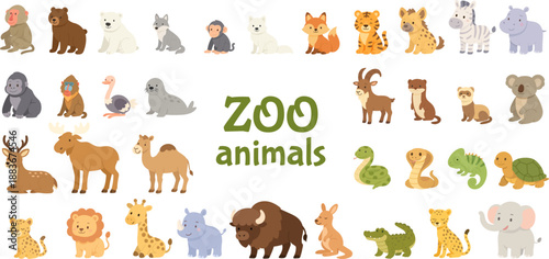 Zoo animals illustration set with cute cartoon wildlife characters animals collection for kids education, learning posters, nursery design, stickers. Zoo animals collection