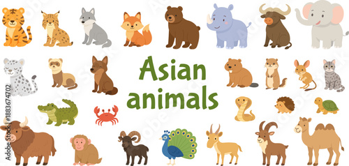 Asian animals illustration set with cute cartoon wildlife characters animals collection for kids education, nursery design, stickers posters, learning