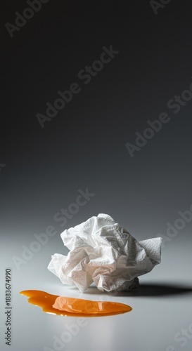 A crumpled napkin positioned near a spill, suggesting a sudden, suppressed outburst of rude, mischievous, and slightly mocking laughter or amusement, secret, scoff, irony