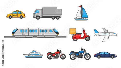 Various vehicles and transportation modes illustrated in a grid layout on a clean white background from a straightforward viewpoint
