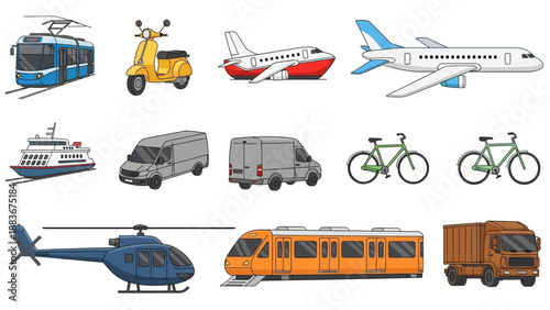 Collage of various transport vehicles including airplanes, helicopters, buses, trucks, bicycles, boats, and motorcycles on a plain background from a straightforward viewpoint.