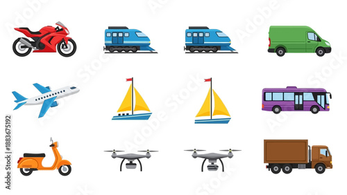 A diverse collection of transportation icons including vehicles, aircraft, and watercraft in a grid layout illustration