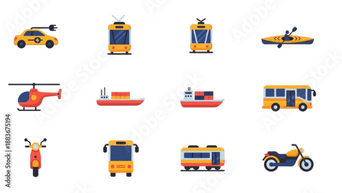 Collection of various transportation vehicles and equipment displayed in a grid layout on a clean background