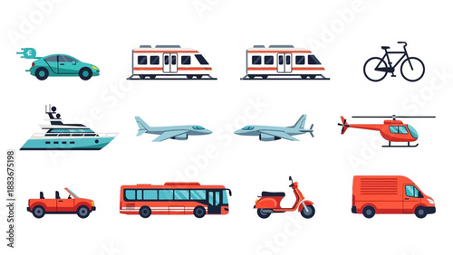 Various transportation modes including cars, trains, bicycles, and aircraft are depicted in a flat design illustration.