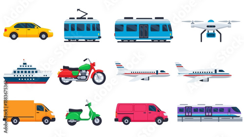 Collection of Various Vehicles and Transportation Modes Illustrated