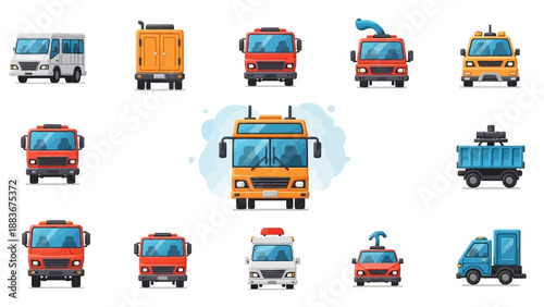 Collection of various emergency and utility vehicles arranged in a grid pattern on a plain background viewed from directly above