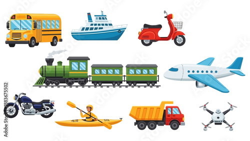 Various modes of transportation on white background, featuring vehicles and vessels from different categories and modes of travel