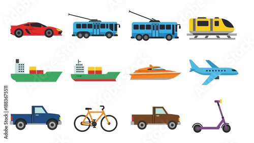 Various modes of transportation including cars, trains, boats, airplanes, trucks, bicycles, and scooters on a plain white background from a straightforward viewpoint