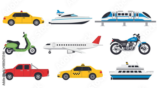 Various vehicles displayed together including cars, boats, airplanes, and motorcycles in a flat illustration style