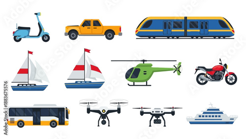 Collection of various transportation modes including land, sea, and air vehicles displayed from a straightforward viewpoint