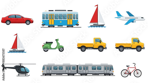 Various modes of transportation including cars, buses, boats, airplanes, and bicycles are depicted in a collection of illustrations.