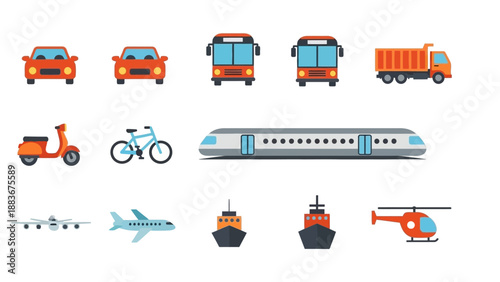Various vehicles and transportation icons including cars, buses, trucks, trains, bicycles, boats, airplanes, and helicopters on a clean white background