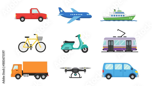 Various vehicles including trucks, cars, bicycles, and aircraft displayed together in a grid layout illustration
