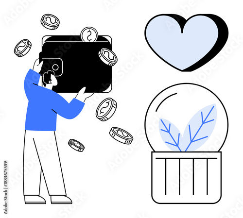 Personal finance, sustainability, love, economic success, environmental care, charitable donations. A person with a wallet and coins, a leaf in a jar and a heart icon. Personal finance