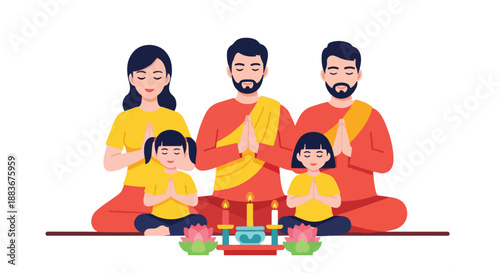 Family meditating with candles and lotus flowers