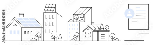 Sustainable living, renewable energy, eco-friendly architecture, green urban planning, smart technology, environmental responsibility. Buildings with solar panels and greenery. Sustainable living