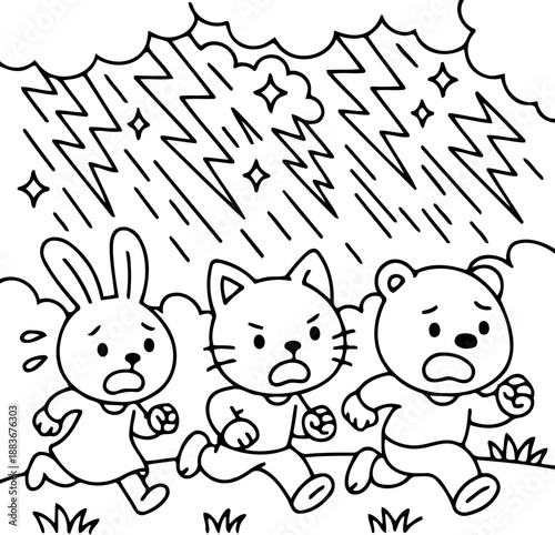 Fleeing the Thunderstorm: In a black-and-white line art illustration, a rabbit, cat, and bear run in terror from a storm, capturing the fear and urgency of seeking shelter from nature's fury.