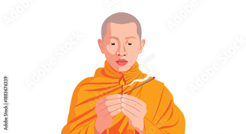 Buddhist monk lighting incense stick