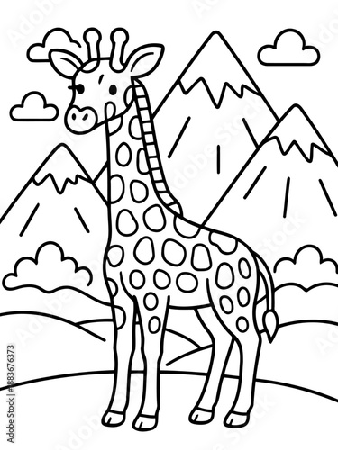 Majestic Giraffe in Scenic Landscape: A giraffe, known for its long neck and distinctive spotted pattern, stands tall amidst a backdrop of rolling hills and towering mountains.