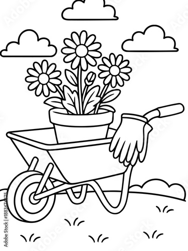 Gardening illustration: A wheelbarrow holds a pot of blooming daisies, a pair of gardening gloves resting on the handles, under a sky with fluffy clouds.