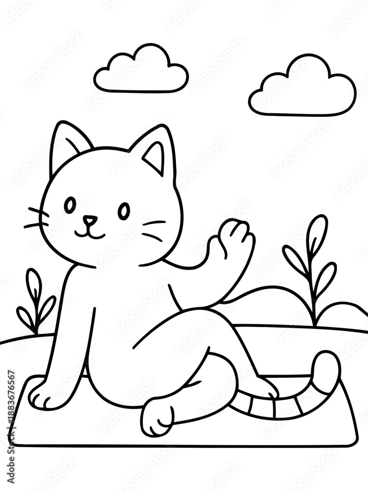 Fototapeta premium Zen Cat in Yoga Pose: Serene coloring-page art features a cute cat practicing yoga in a peaceful outdoor setting, complete with soft clouds and gentle foliage.