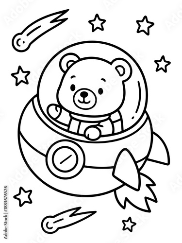 Astronaut Bear Coloring Page: A delightful coloring page featuring a cute bear astronaut piloting a rocket ship through a starry cosmos, inviting creativity and imagination.