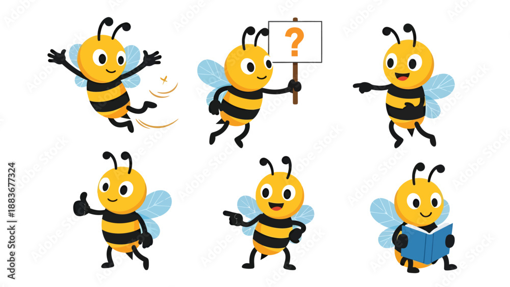 Obraz premium A charming collection of six adorable cartoon bees showcasing various playful actions and expressions, perfect for children's designs and educational materials.
