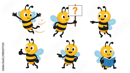 A charming collection of six adorable cartoon bees showcasing various playful actions and expressions, perfect for children's designs and educational materials.