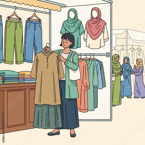 Woman shops for modest clothing at a street market stall