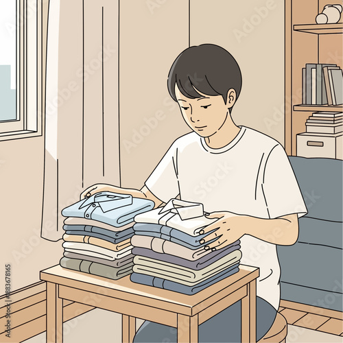Young man folding clean laundry at home, domestic chores, organized clothes
