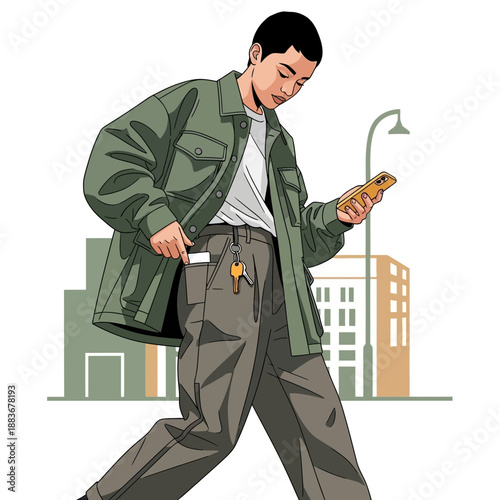 Young man with phone walking, green jacket, keys and card visible